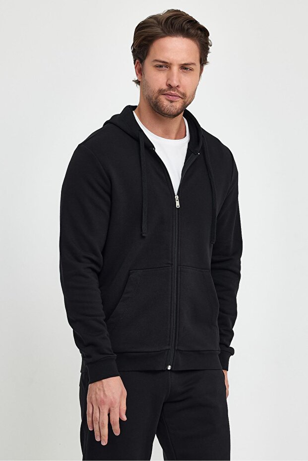 Greg Kapüşonlu Önü Fermuarlı Basic Sweatshirt - Siyah - 2