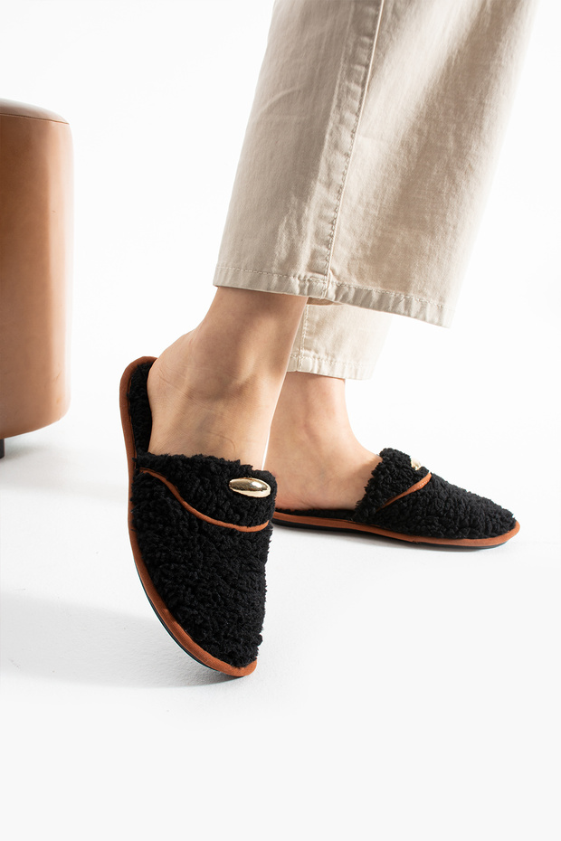 Siyah Havlu Kışlık Terlik Ev Terliği (Dar kalıptır) - 6