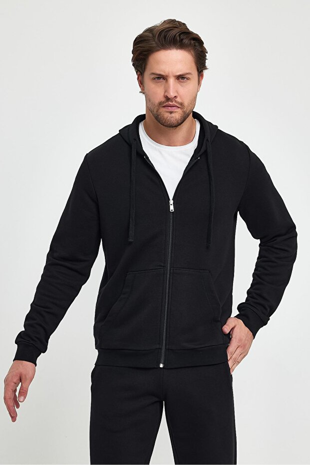 Greg Kapüşonlu Önü Fermuarlı Basic Sweatshirt - Siyah - 5
