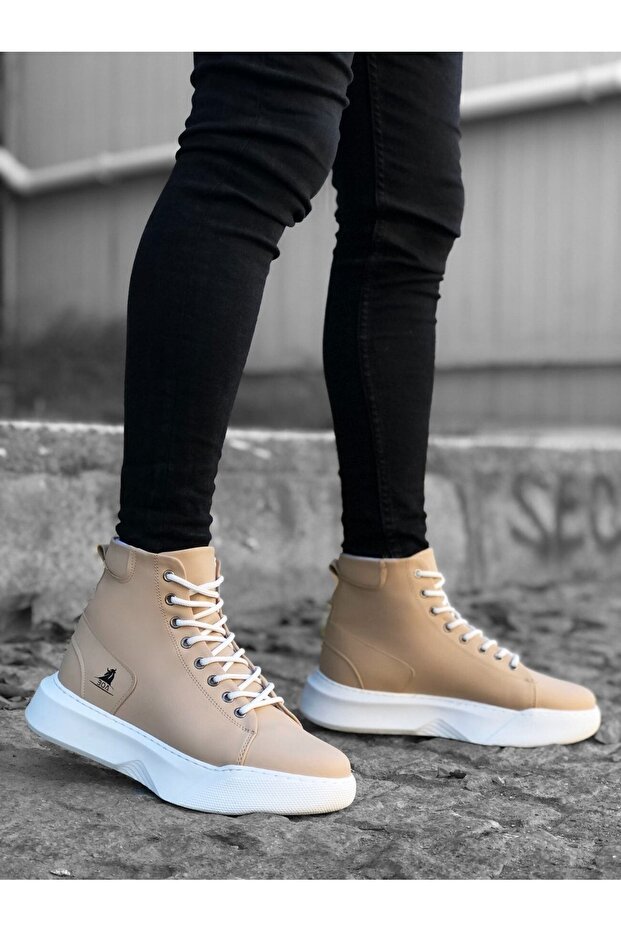 Ba0155 Bağcıklı Erkek Yüksek Taban Krem Beyaz Taban Spor Bot - 2