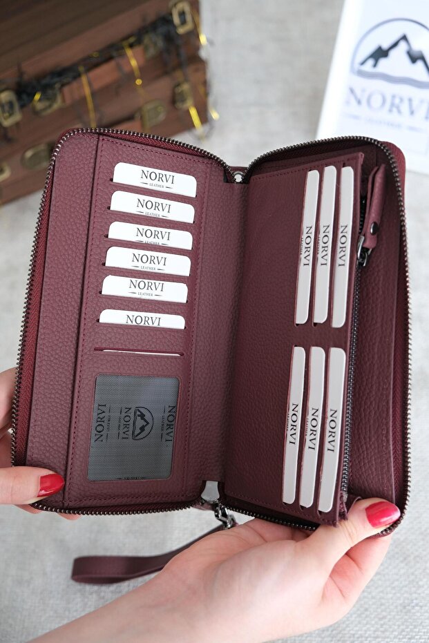Multi-Compartment Genuine Leather Luxury Handbag with Handle Burgundy 1098