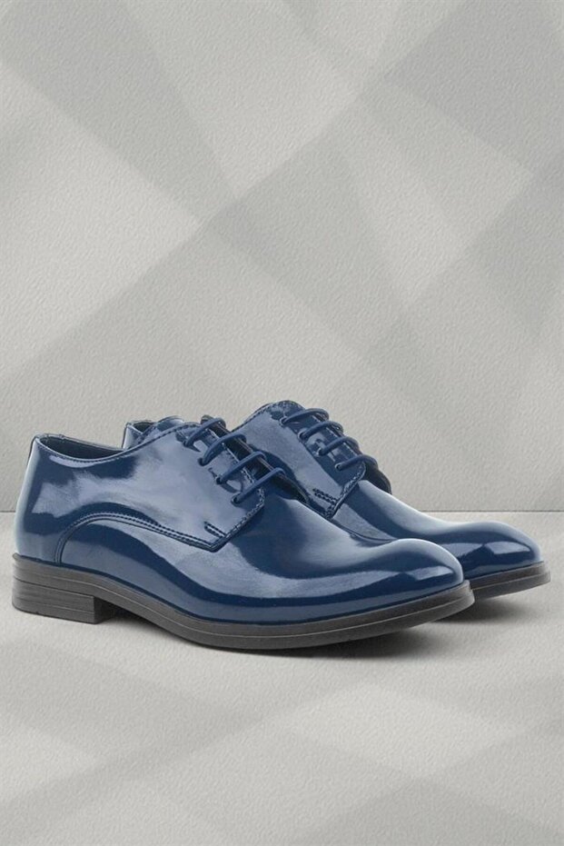 Navy Blue Patent Leather Lace-up Oxford Children's School Shoes