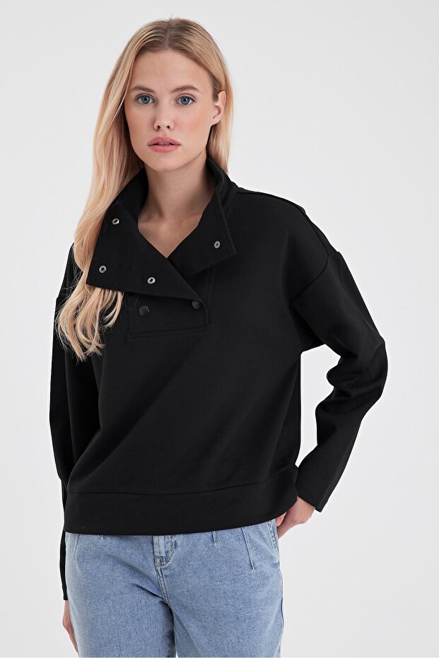 Sera Dik Yaka Sweatshirt - Siyah - 1