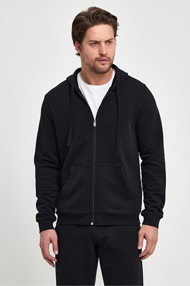 Greg Kapüşonlu Önü Fermuarlı Basic Sweatshirt - Siyah - 6