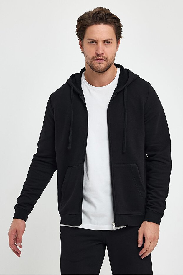 Greg Kapüşonlu Önü Fermuarlı Basic Sweatshirt - Siyah - 1