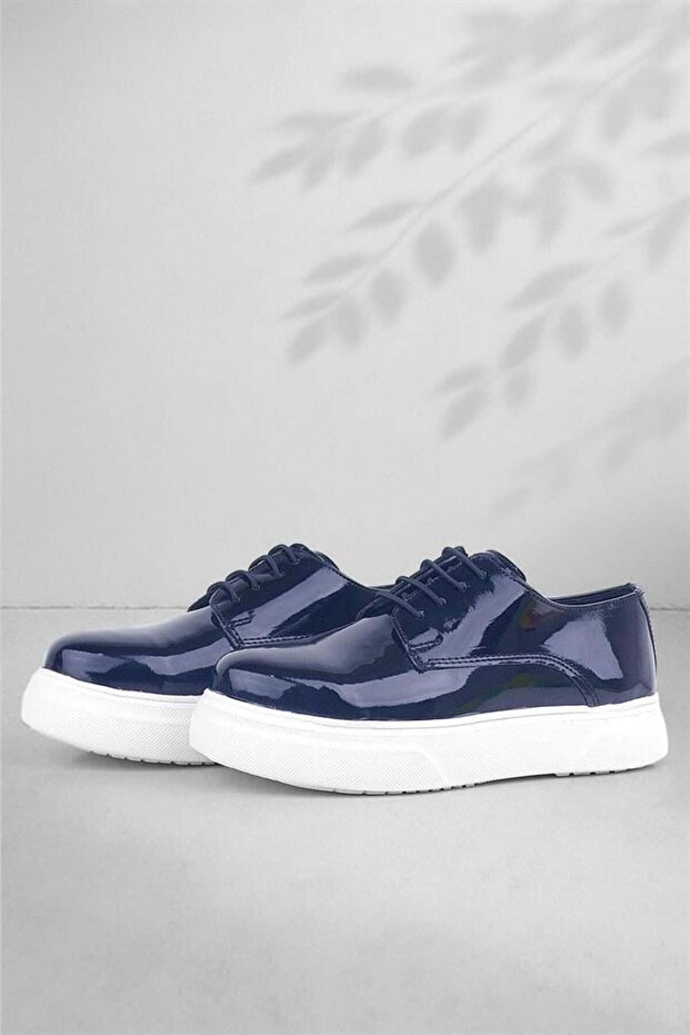 Derby Navy Blue Patent Leather White Sole Children's Classic Shoes