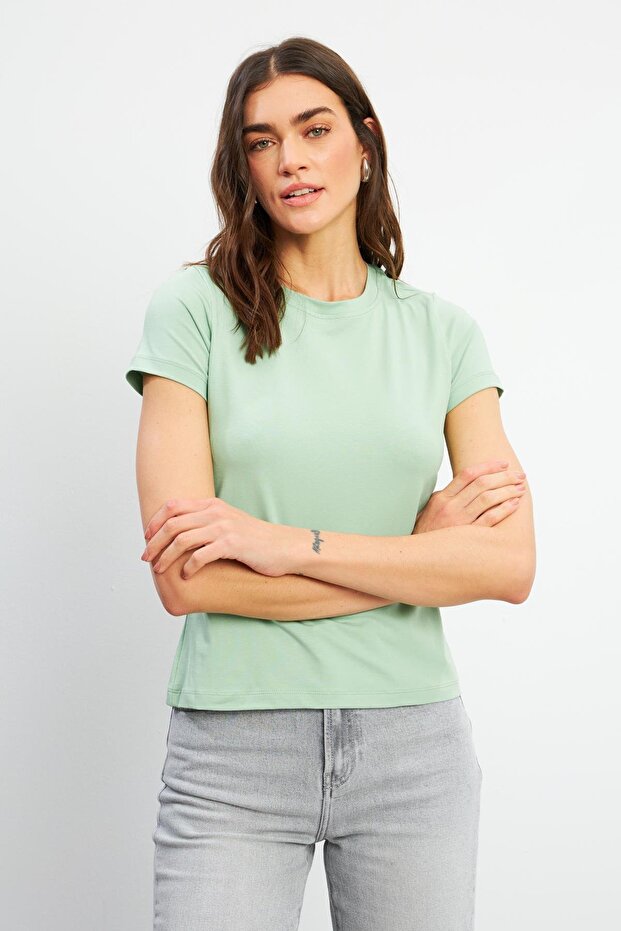 Rachel Bisiklet Yaka Slim Fit Basic Tişört-Çağla - 3