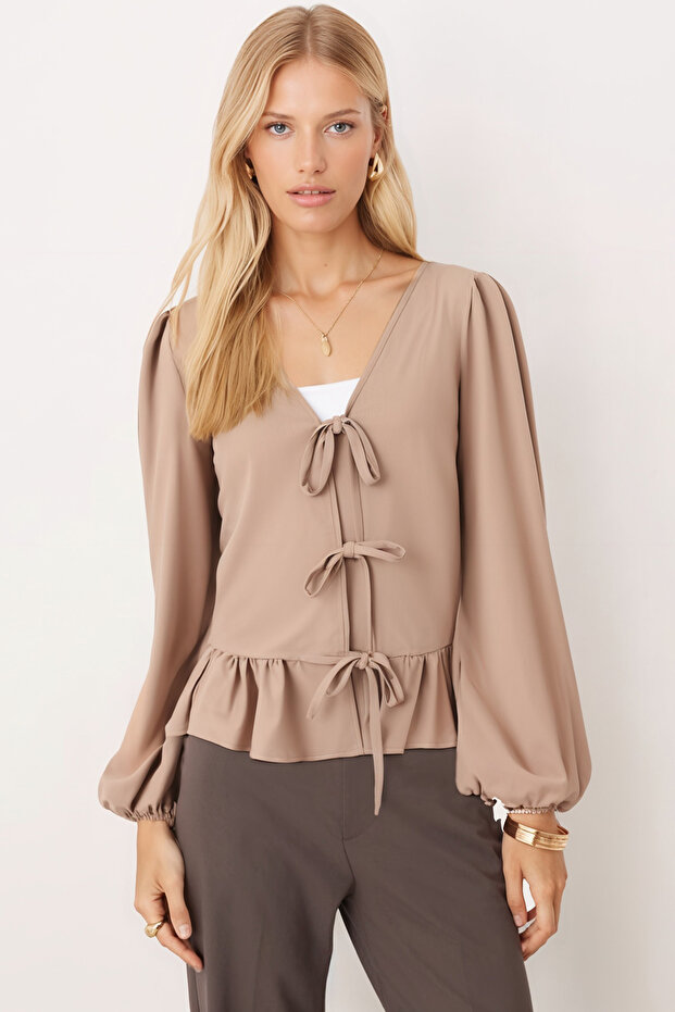 Women's Beige Front Tie Blouse with Ruffled Hem and Elasticated Sleeves Arm-26K001019