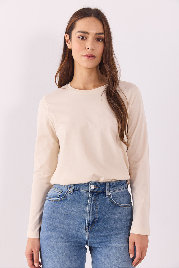 Gloria Bisiklet Yaka Regular Fit Basic Tişört - BEJ - 4