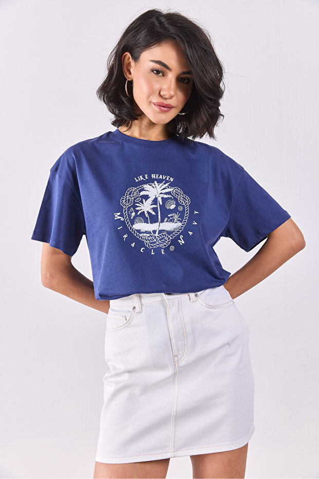 Marin Baskılı Tişört - NAVY - 5