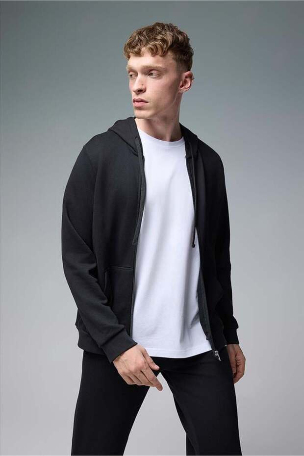 Erkek Greg Kapüşonlu Önü Fermuarlı Basic Sweatshirt - Siyah - 1