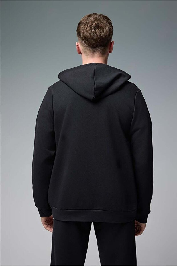 Erkek Greg Kapüşonlu Önü Fermuarlı Basic Sweatshirt - Siyah - 4