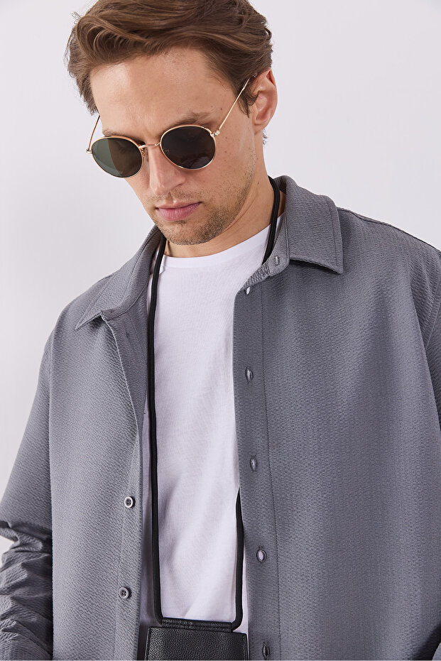 Nicolas Regular Fit Gofre Gömlek - GRİ - 4
