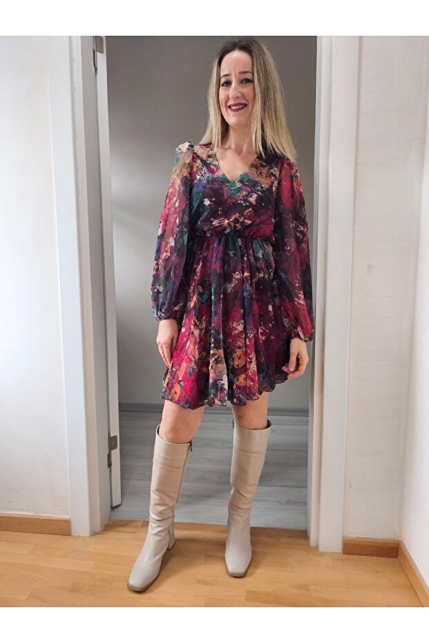 KEMERLİ ŞİFON ELBİSE - 2