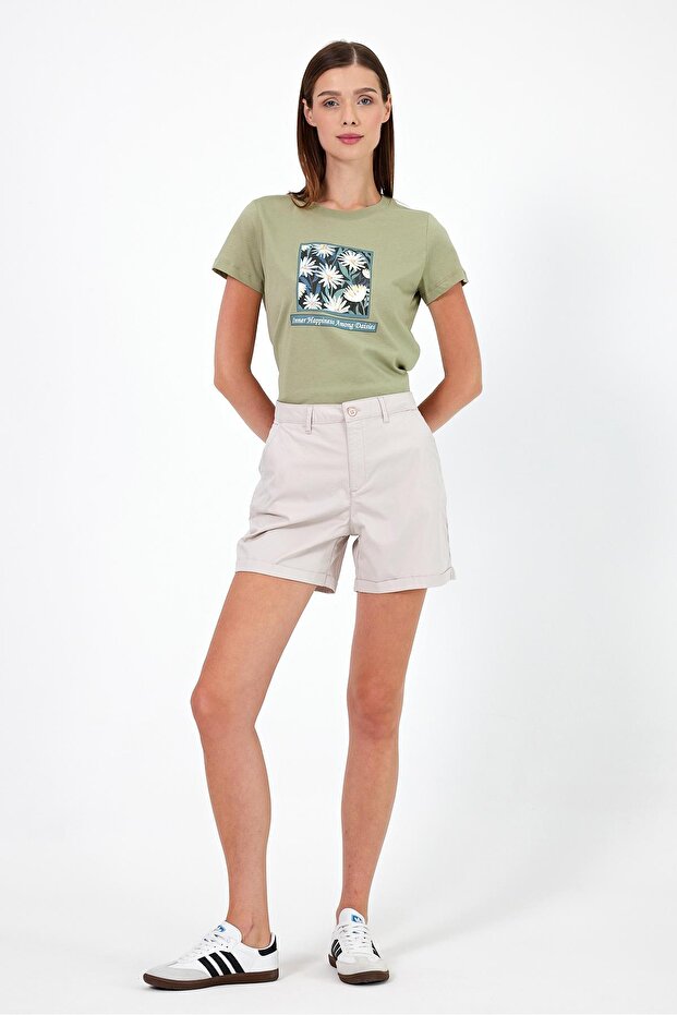 Helen Yüksek Bel Gabardin Bermuda Şort-Taş - 1