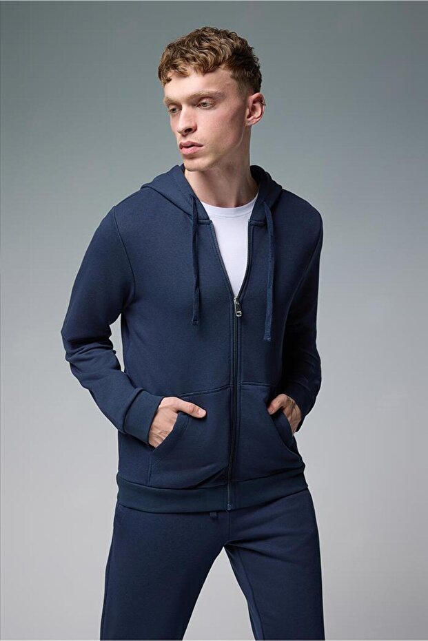 Erkek Greg Kapüşonlu Önü Fermuarlı Basic Sweatshirt - Lacivert - 2