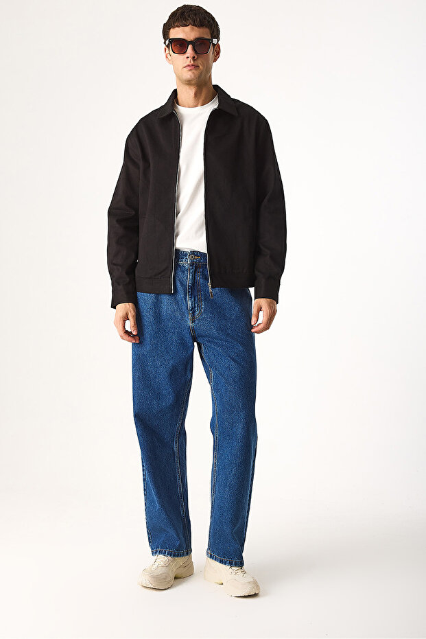 Önü Fermuarlı Regular Fit Kaşe Ceket-Siyah - 1