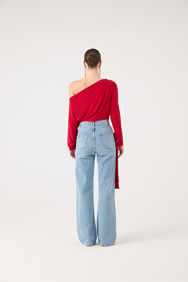 Jeansy z wysokim stanem i szerokimi nogawkami w kolorze niebieskim - 5