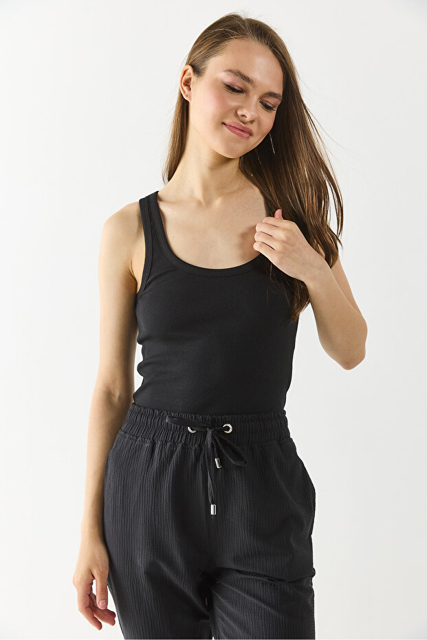 Kadın Fitilli Kalın Askılı Top - Siyah - 5