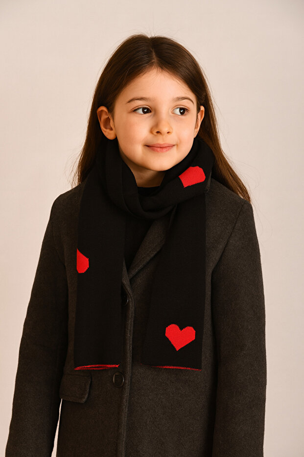 Kalp Desenli Çift Taraflı Triko Çocuk Atkısı(5-10 Yaş, 30x140cm) - 3