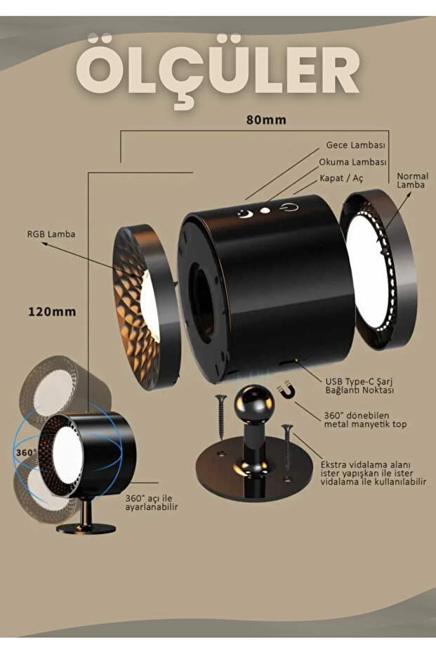 Mıknatıslı Uzaktan Kumandalı Çift Taraflı Duvar Aplik LED Aydınlatma 3 Renk USB Şarjlı - 6
