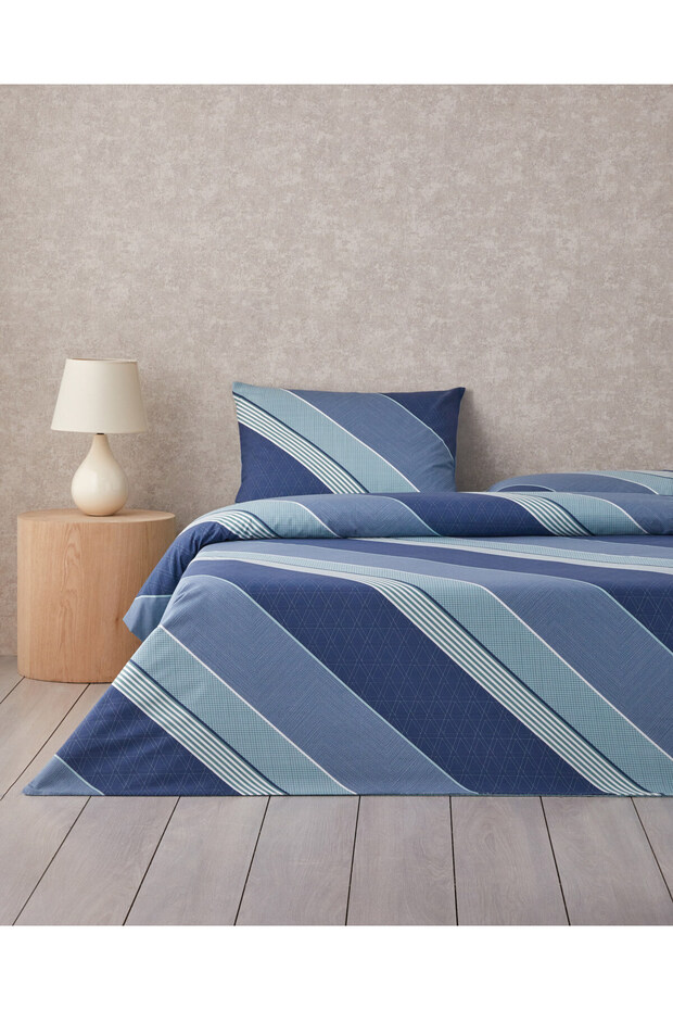 Parallel Patch Kolay Ütülenir Tek Kişilik Nevresim Takımı 160x220 cm Koyu Mavi-Seledon - 1