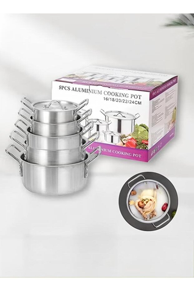 طقم أواني طهي من الألومنيوم مكون من 5 قطع مع غطاء ومقبض، كبير ومتوسط وصغير، مناسب لليخنات، 1