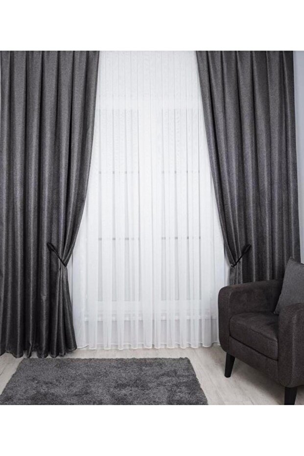 Hasır Dokulu Lüks Fon Perde Pilesiz Tek Kanat Koyu Gri - 1