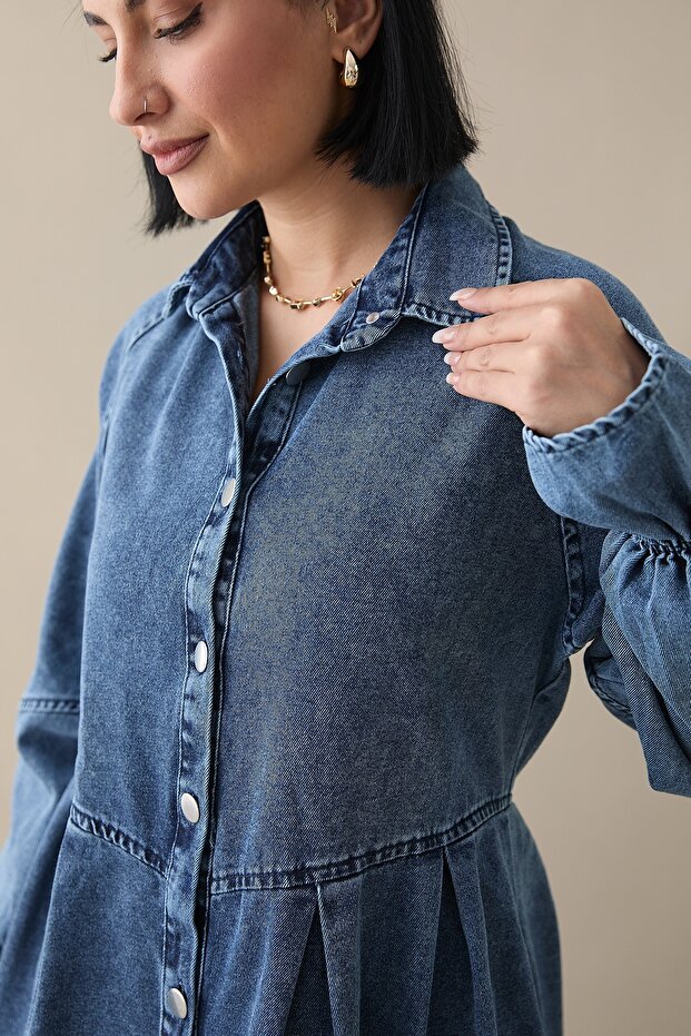 Kol Ucu Fırfırlı Kot Elbise - 5