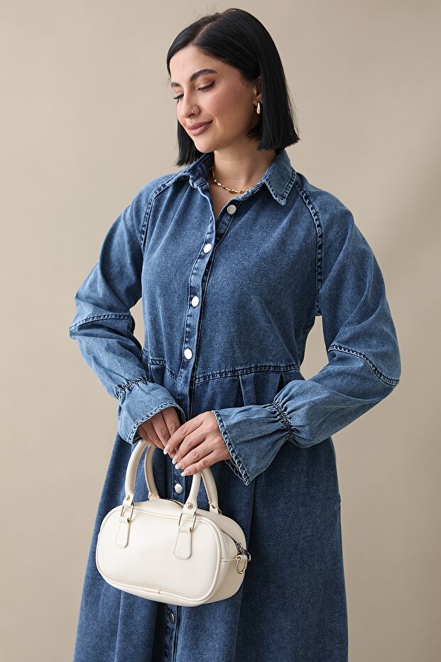 Kol Ucu Fırfırlı Kot Elbise - 4