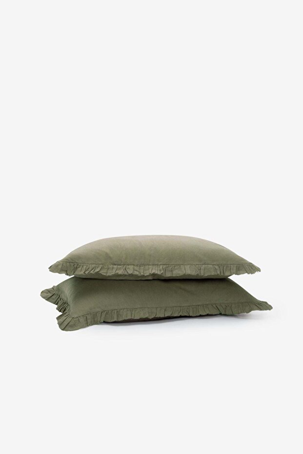 Frill Ruffled Linen Blend 2-Piece Pillowcase Khaki