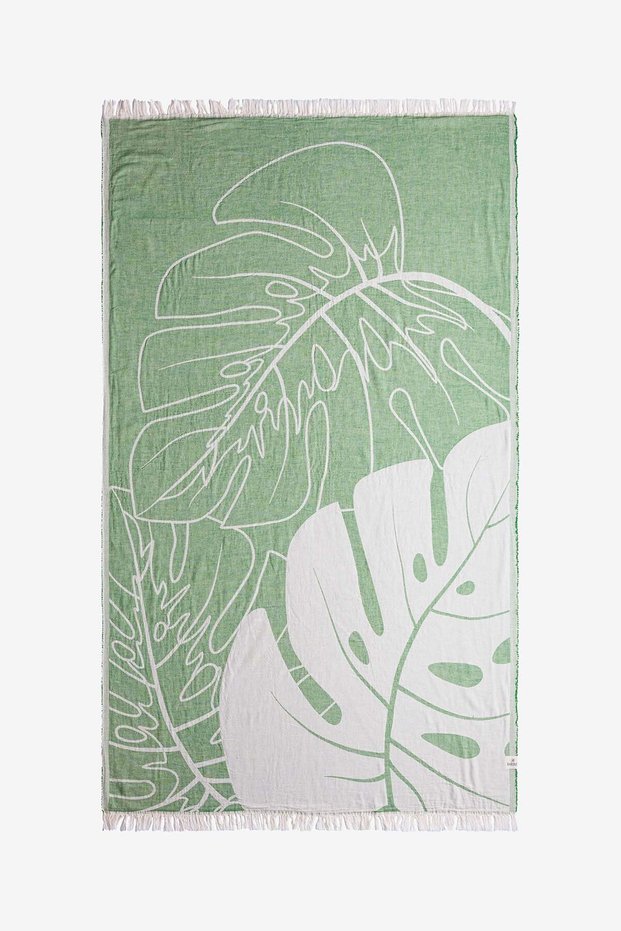 Monstera Leaf Jacquard Peshtemal Green, with Carrying Bag 90X160