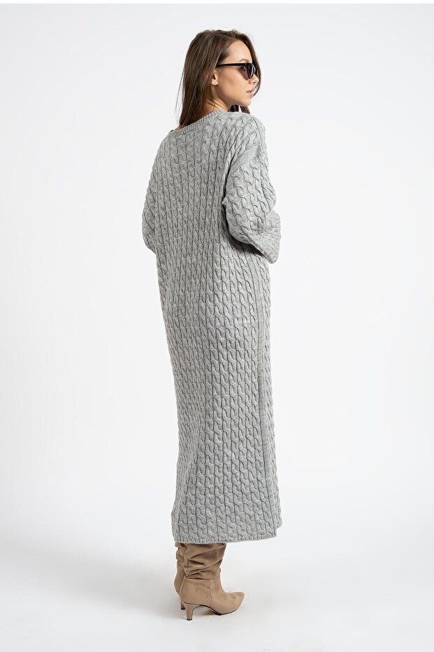 Kadın Bisiklet Yaka Örgü Desen Uzun Triko Elbise Gri - 4