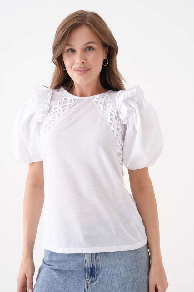 Women's Crew Neck Flounced Watermelon Sleeve Guipure Detailed Sports Stylish Floral Laced Blouse