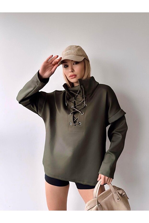 Women's Design Lace-up Collar Super Stylish Trend Scuba Sweatshirt