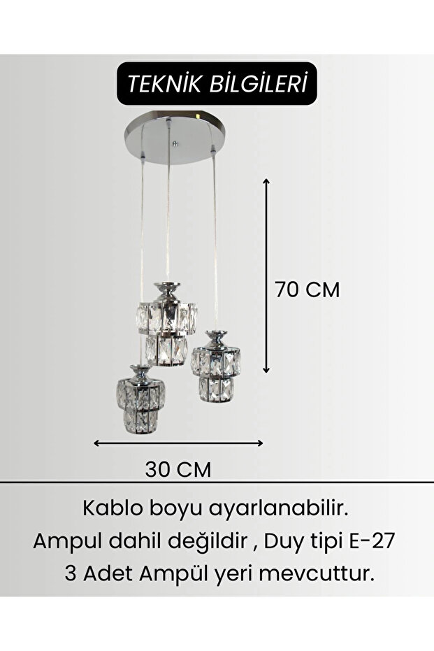 Astra 3'lü Krom Kaplama Kristal Taşlı Lüks Avize - 2