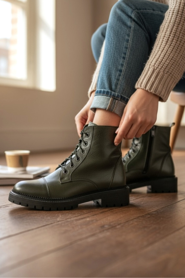 Women's Green Genuine Natural Leather Lace Up Boots Size 34-35-41