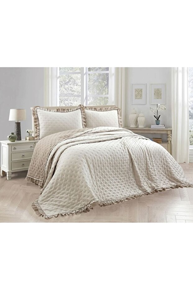 ALAÇATI TEK KİŞİLİK FIRFIRLI YATAK ÖRTÜSÜ BEJ - 1