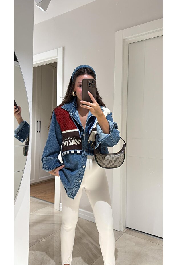 Triko Detaylı Denim Gömlek - 4