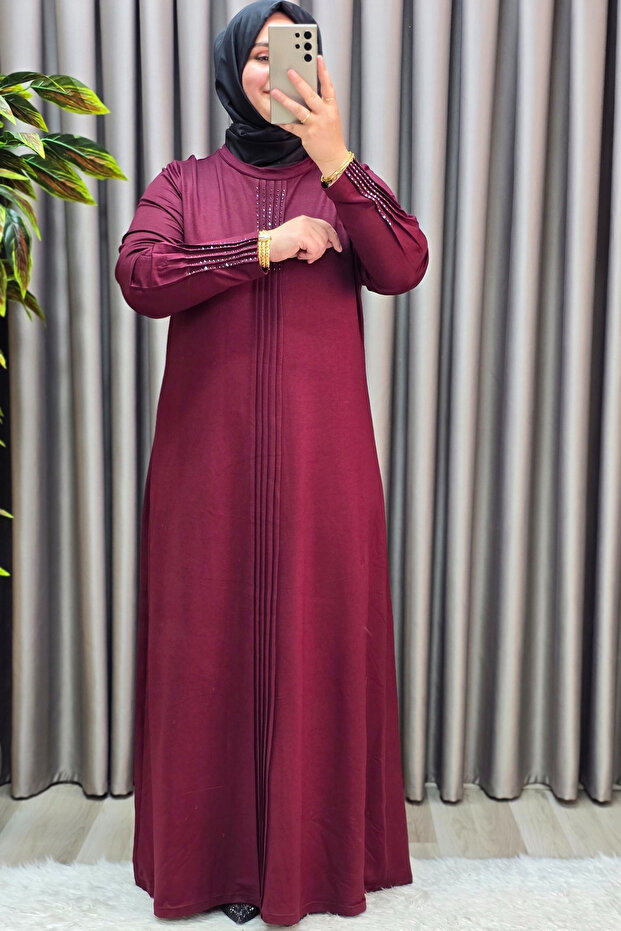 Women's Clothing Plus Size Sleeved Stone-Decorated Dress