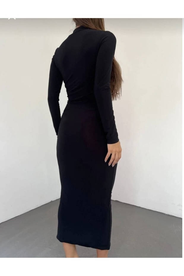 Siyah Midi Elbise - 3