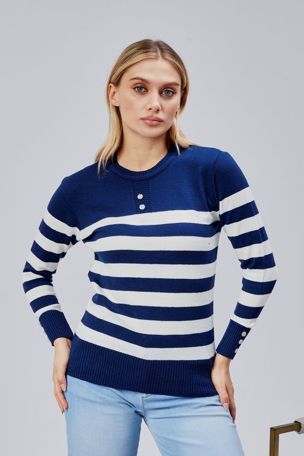 Striped Wool Women's Trendy Knitwear Sweater with Collar and Cuff Button Detail