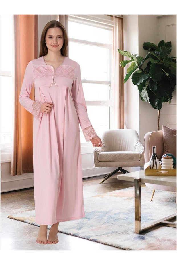 Women's Pink Lace Detailed Long Sleeve Full Length Maternity Nightgown