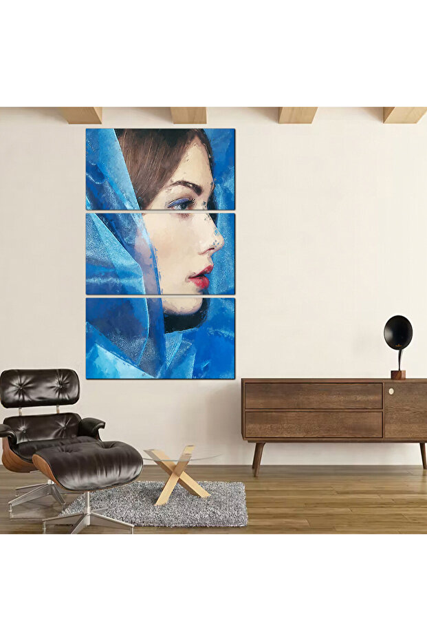 لوحه جداريه - رسمة إمرأه مع وشاح أزرق -300901- مقسمه ثلاثة قطع