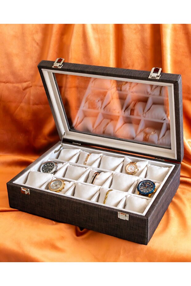 15-Slot Brown Patterned Watch Box, Faux Leather Covered, Custom Made, Handmade
