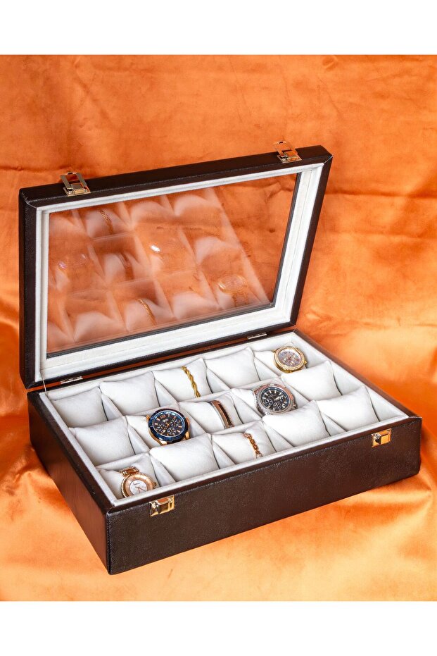 15Pcs Bitter Brown Watch Box, Faux Leather Covered, Custom Made, Handmade