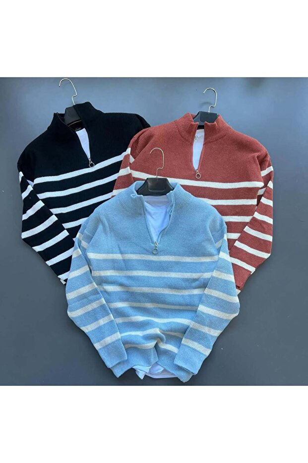 3 Pack Men's Ribbed Striped Half-Zip Collar Sweater