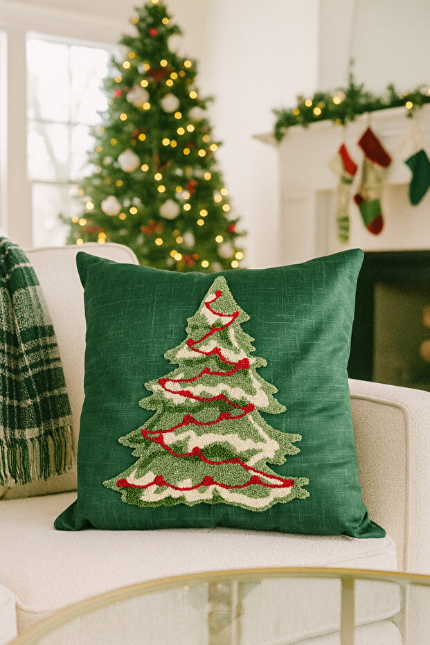 Punch Embroidered Throw Pillow Cover - 43*43 cm - Green Ornate Tree - Pnk001