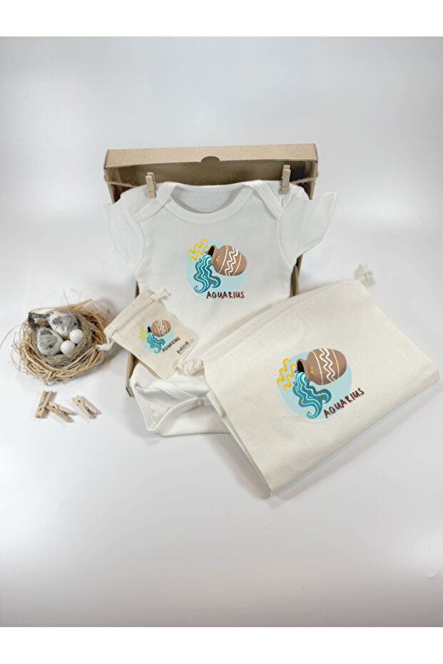 Aquarius Zodiac Sign Designed 100% Cotton Short Sleeve Baby Bodysuit and Raw Pouch Gift Set