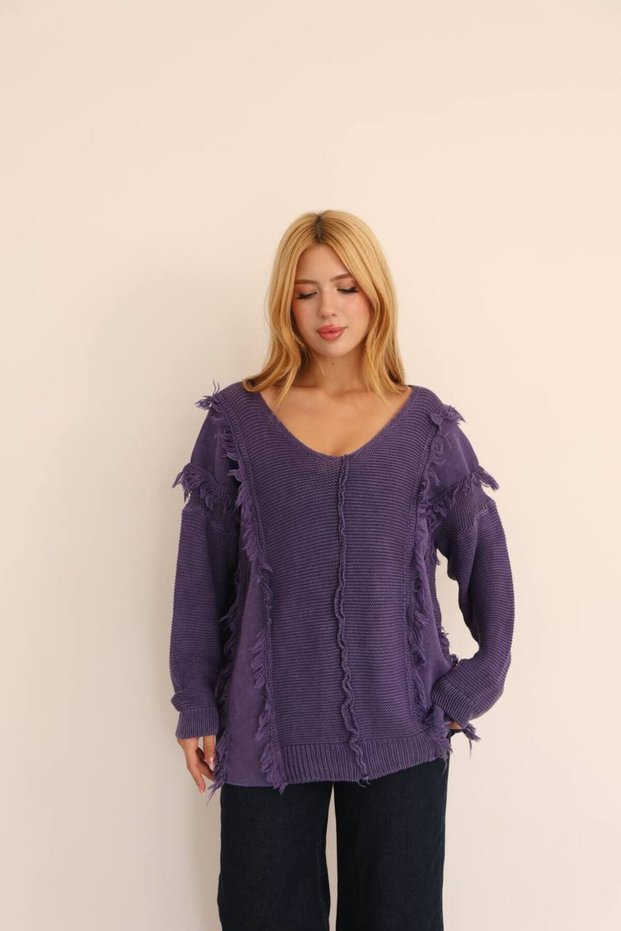 Women's Purple V-Neck Tassel Detailed Long Sleeve Vintage Loose Cotton Knitwear Sweater